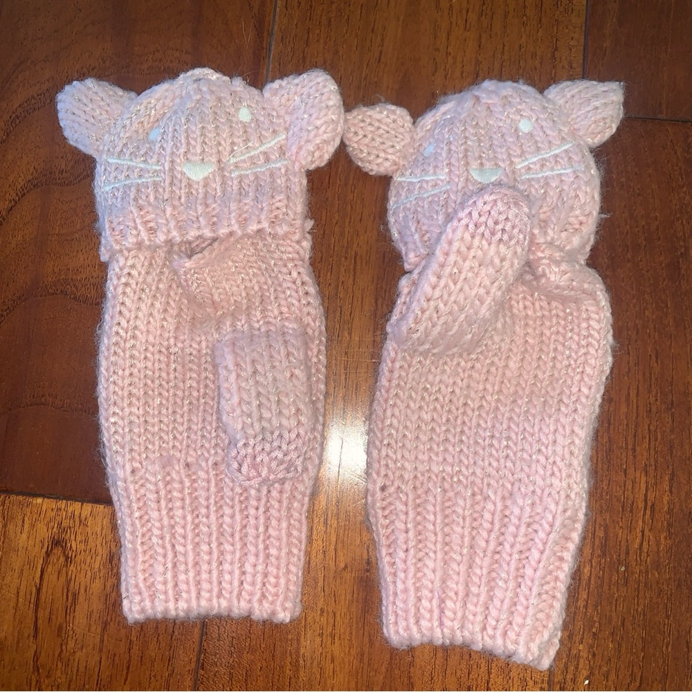 GAP Kids Girls Pink Cat Covertible Kitten Mittens Fingerless Gloves Size S 5/6